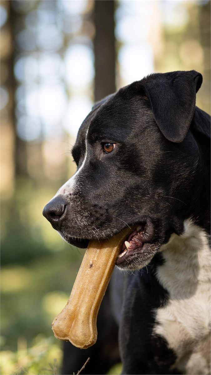 Perro concentrado con su premio, al aire libre